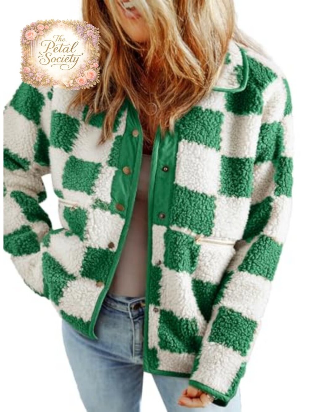 Women's Sherpa Plaid Button Down Fleece Jacket Loose Fit Winter Coat